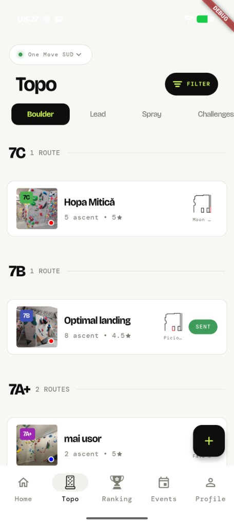 One Move app — Topo screen showing boulder routes grouped by grade