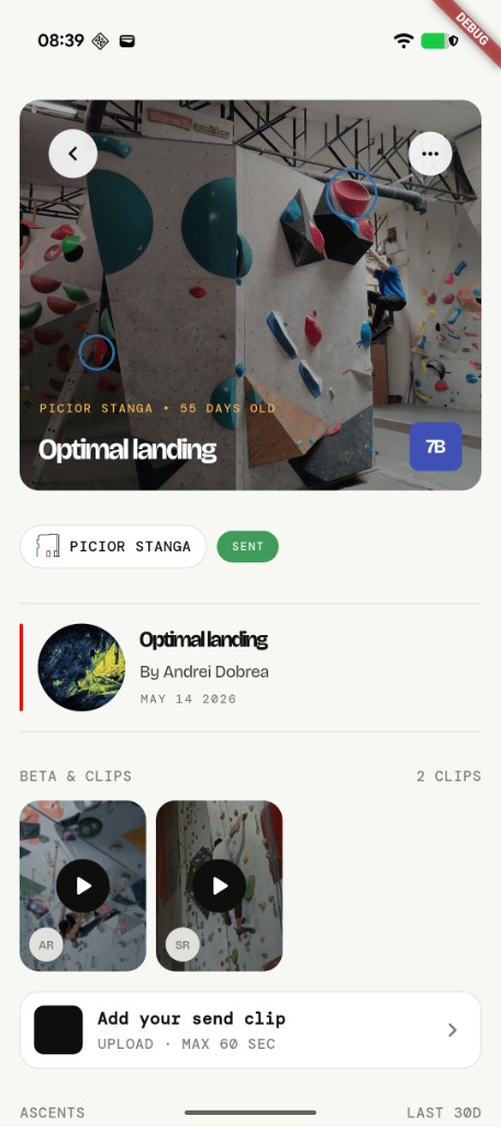 One Move app — Route detail screen for Optimal landing with beta clips